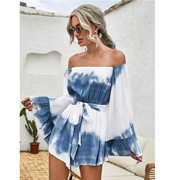 Flared Sleeve Off the Shoulder Tie Dye White Blue Boho Short Romper Belted - Picture 6 of 7